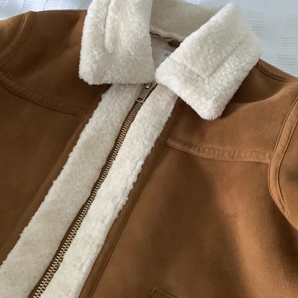 Warehouse Tan Suede Faux Shearling Jacket with Cream Trim - Picture 8 of 10